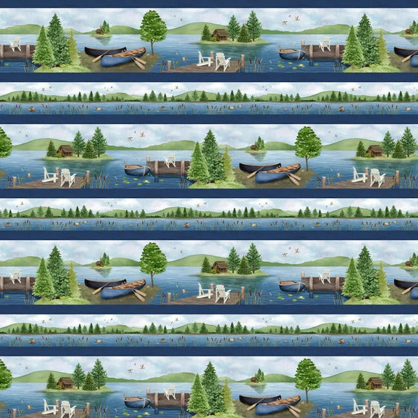border stripe with  lake scene with canoe, chairs, dock, tree