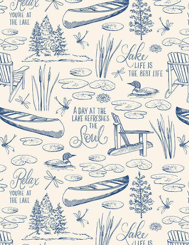 blue lake theme with ducks, trees, canoes, lillypad on cream background
