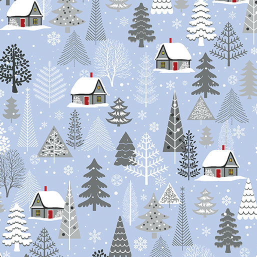 cabins and trees on light blue background