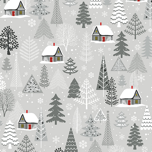 cabins and trees on grey background