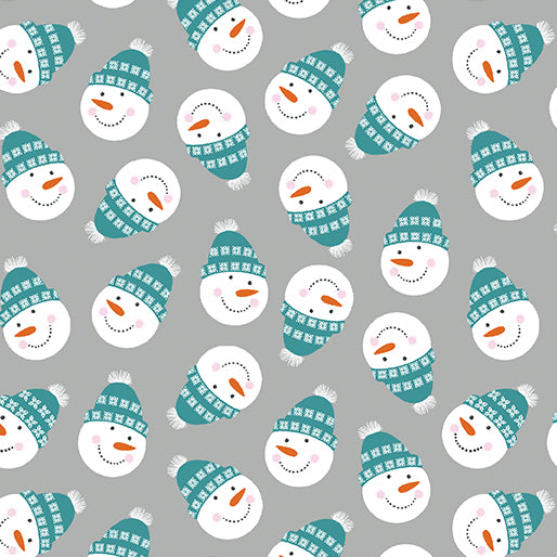 snowman heads with teal hat on grey background