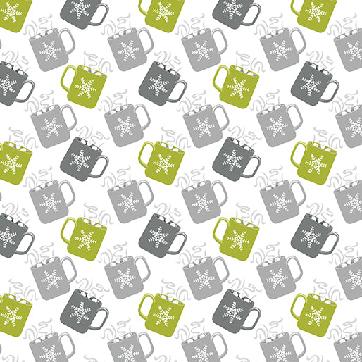 lime, grey, dark grey mugs on white background