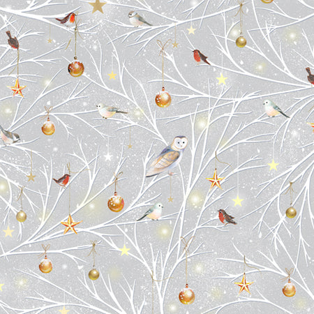 BIRDS/ORNAMENTS ON GRAY WOODLAND WONDER FLANNEL