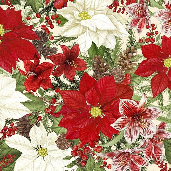 christmas floral in red green cream