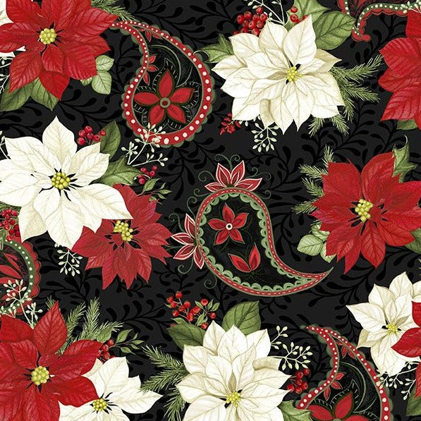 christmas floral on black with red green cream