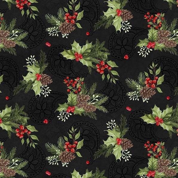 holly, pinecones on black with red berries and green leaves