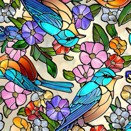 STAINED GLASS BIRDS & FLORAL ON TAN SUNLIT BIRDS