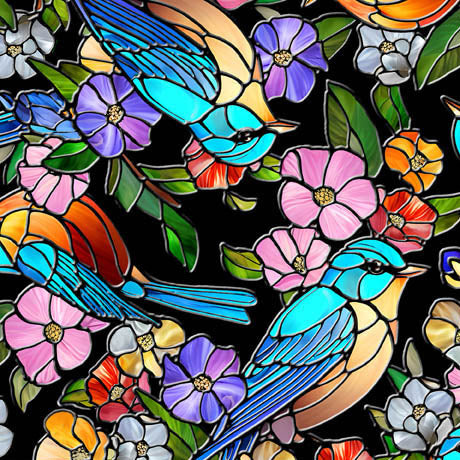 STAINED GLASS BIRDS & FLORAL ON BLACK SUNLIT BIRDS