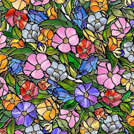 STAINED GLASS FLORAL SUNLIT BIRDS