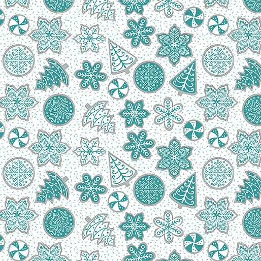 teal and white cookies on white background