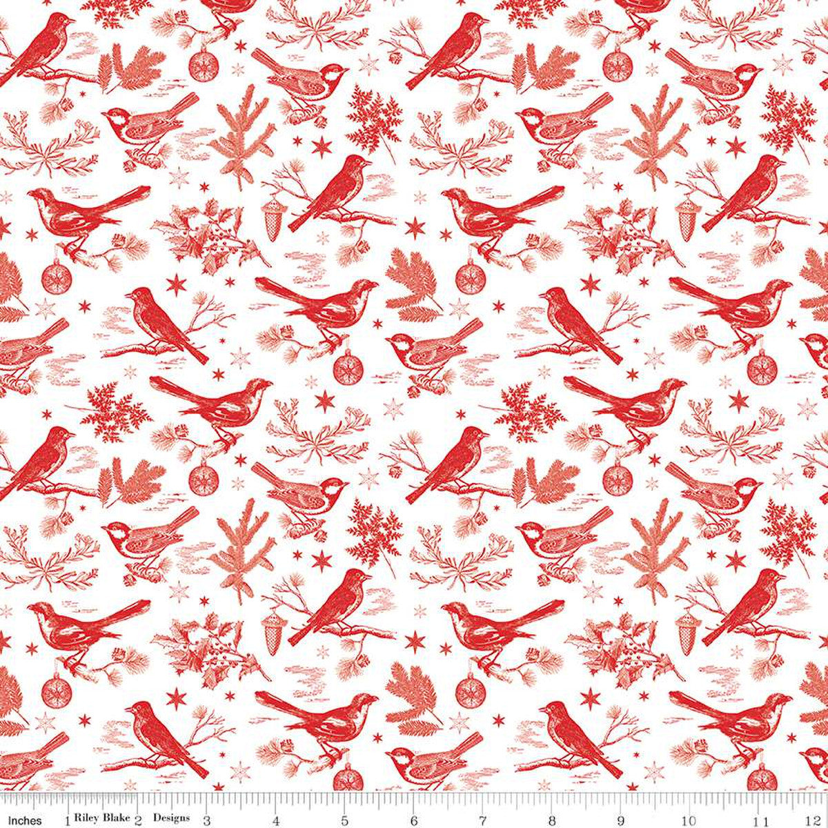 Peace on Earth by My Mind's Eye for Riley Blake Designs is great for quilting, apparel and home decor. This print features birds, sprigs of leaves, ornaments, stars, and more.