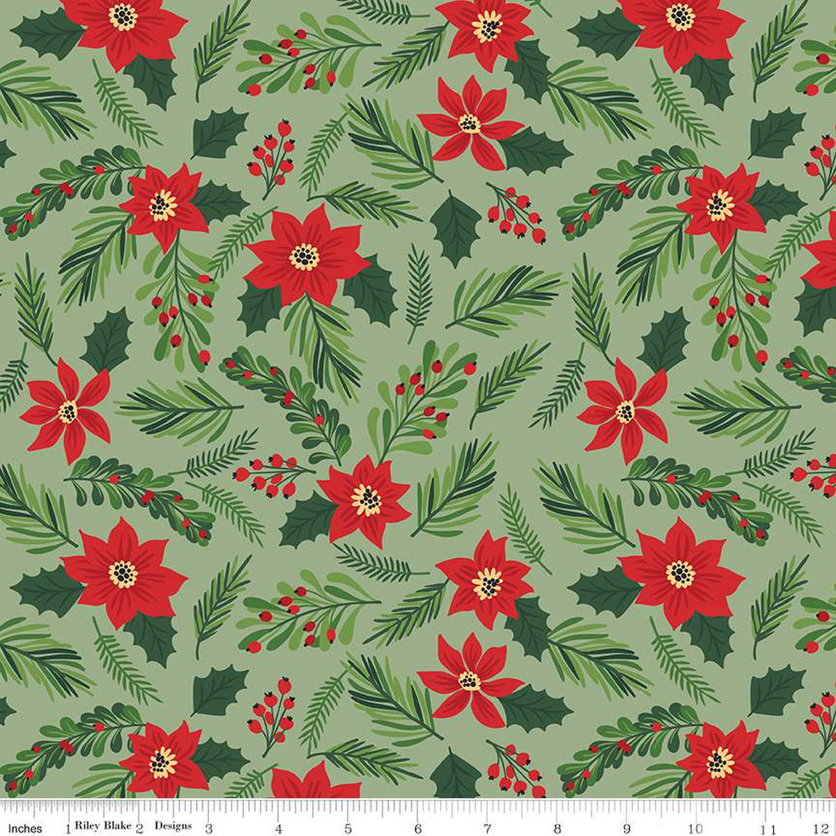 This print features sprigs of poinsettias, leaves, and berries.