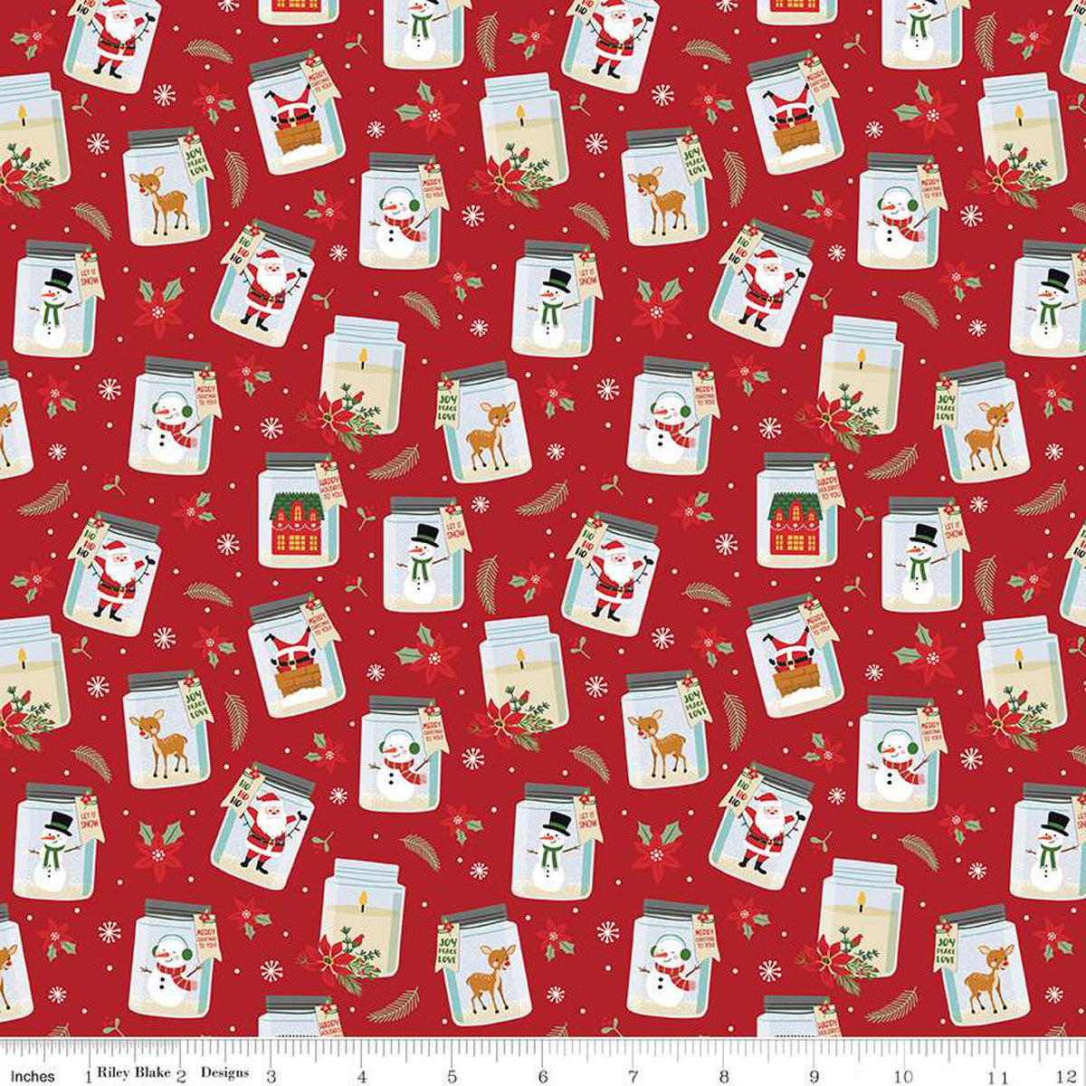 This print features jars with Christmas-themed icons on a background with dots, leaves, poinsettias, and snowflakes.