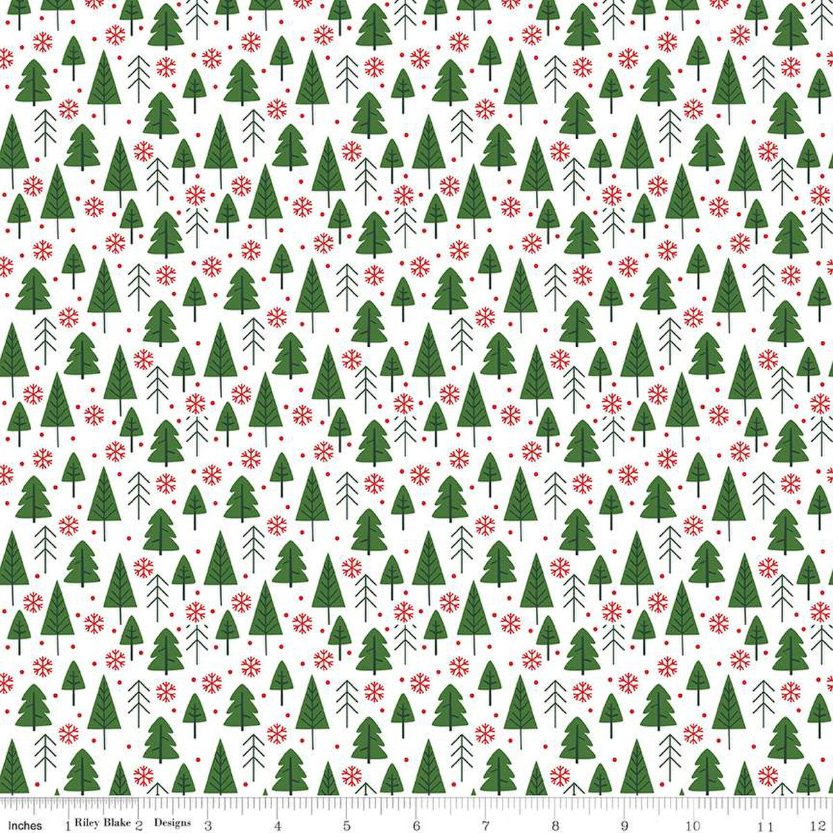 This print features pine trees, dots, and snowflakes.