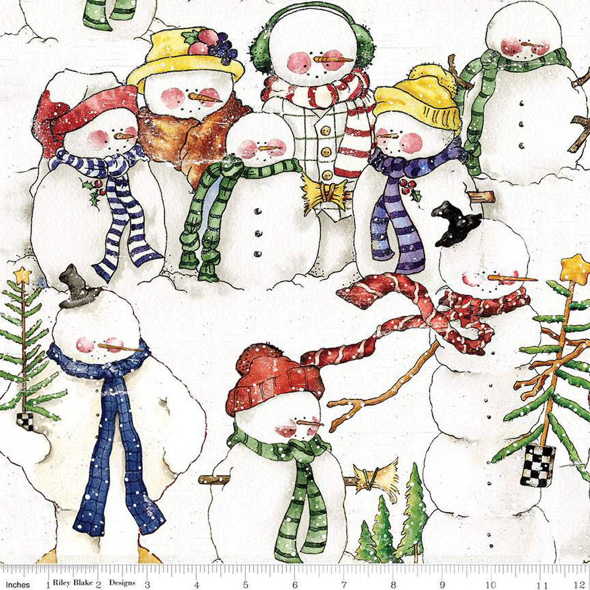 packed snowman with colorful hats & scarves