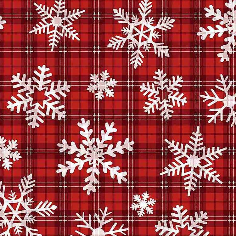 red plaid with white snowflakes