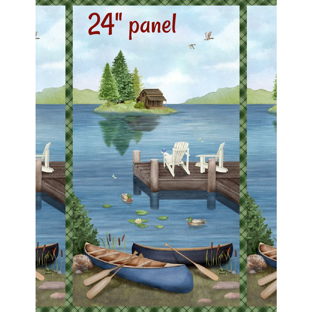 lakefront panel with dock, canoes trees lake