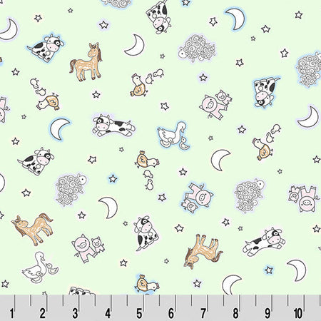 Children's fabric with animal patterns on a light green background