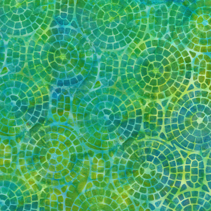 green, teal batik with circles