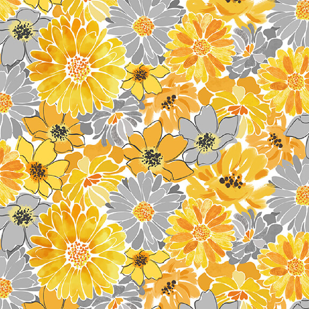 floral, collage, yellow, grey, gray